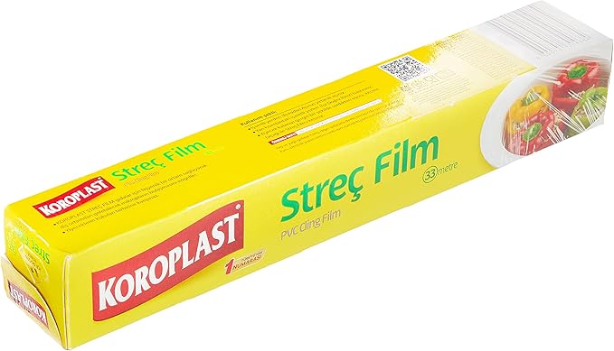Koroplast Streç Film 33 metre, Şeffaf Gıda Saklama Streci BPA İçermez, Koku Hapsi, Kapak Görevi Gören Pratik Kullanım, Taze Kahvaltılık, Yemek, Meyve ve Sebze Saklama için Kullan At Streç Film 33 mt