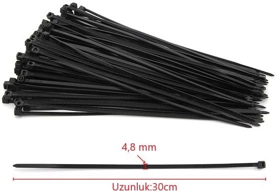 4,8x300 Siyah 30cm Kablo Bağı Plastik Cırt Kelepçe Toplayıcı-100 Adet