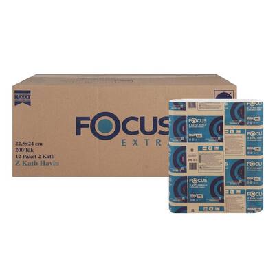 Focus Extra Z Katlı Kağıt Havlu - Çift Katlı - 200 Yaprak - 12 Paket - 22,5cm x 24cm Focus