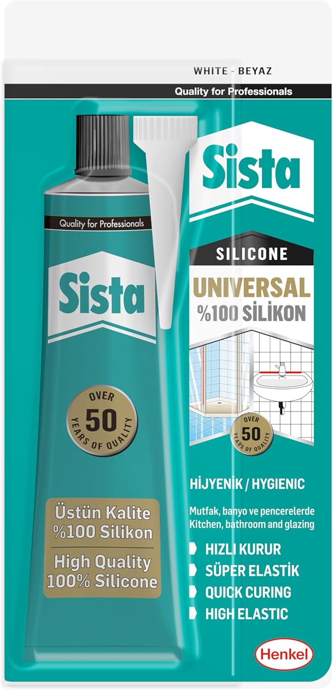 Sista Universal Silikon, Üstün kalite%100 Beyaz Silikon, Mutfak, Banyo ve Pencereler İçin Hızlı Kuruyan Dolgu Macunu, Sararma ve Küflenme Yapmaz, 50 gr Tüp